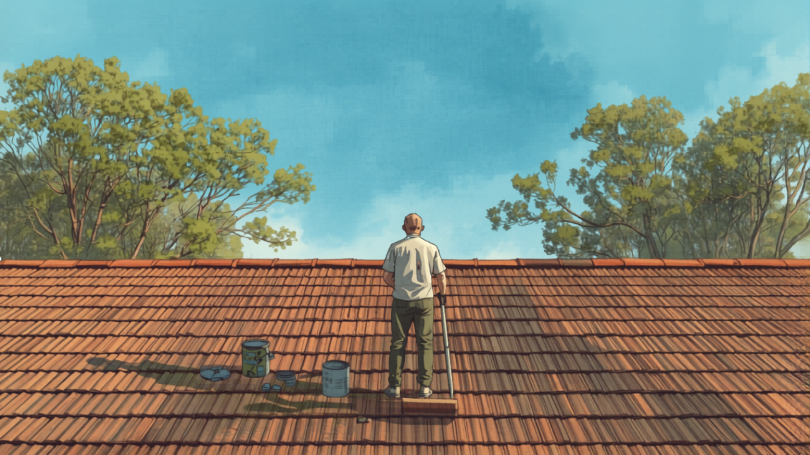 Roof painting Sydney - A roller and brush applying fresh membrane coating onto clean roof tiles with paint tins and a pressure washer nearby, painted in Studio Ghibli watercolour style