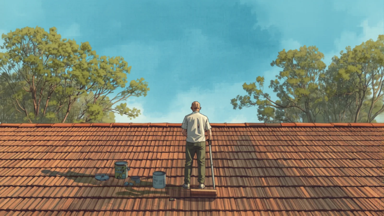 A roller and brush applying fresh membrane coating onto clean roof tiles with paint tins and a pressure washer nearby, painted in Studio Ghibli watercolour style - roofing cost sydney