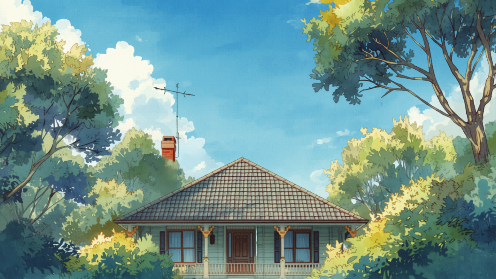 Roof painting Sydney - A Sydney bungalow with a freshly recoated charcoal tile roof drying in the sun, painted in Studio Ghibli watercolour style with gum trees and a soft blue sky