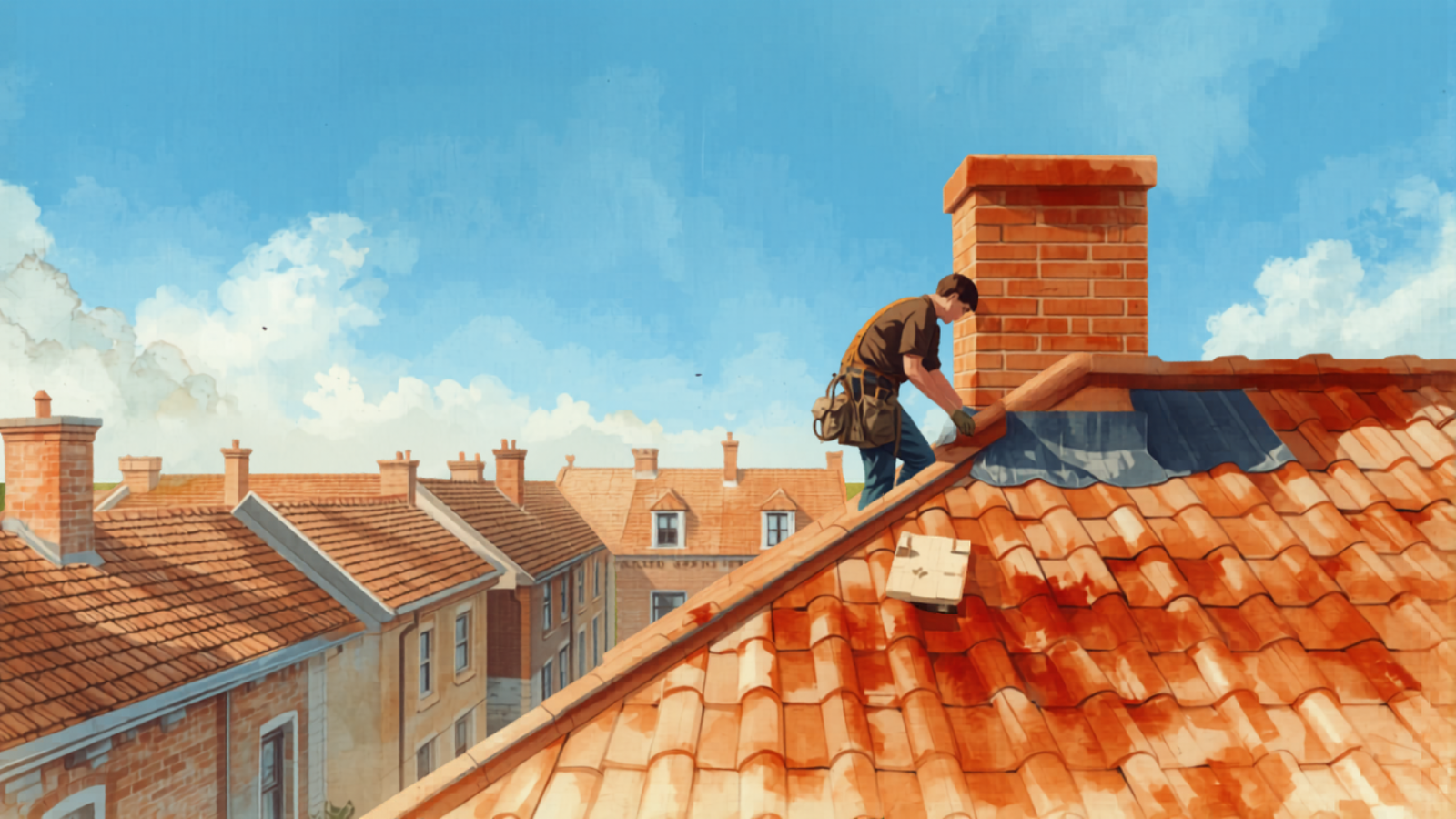 Roof repair Sydney - A roofer sealing a rusted valley flashing and lifting a cracked tile to trace a leak along the batten, painted in Studio Ghibli watercolour style