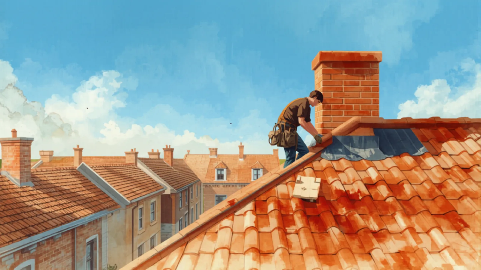 A roofer sealing a rusted valley flashing and lifting a cracked tile to trace a leak along the batten, painted in Studio Ghibli watercolour style - roofing cost sydney