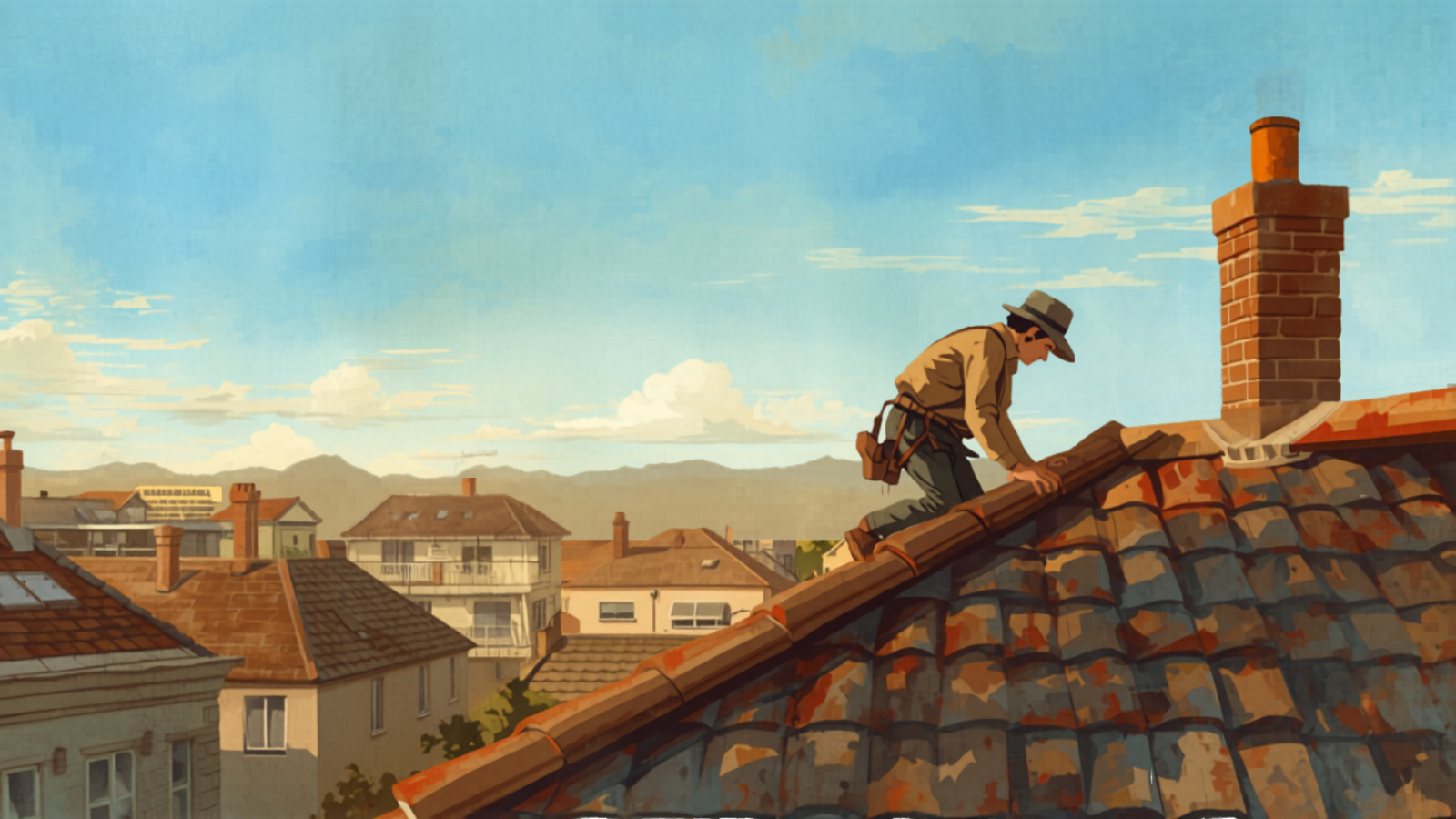 Roof repair Sydney - A roofer replacing a few cracked tiles and resealing a flashing on a Sydney terrace roof, painted in Studio Ghibli watercolour style with rooftops and a clear sky