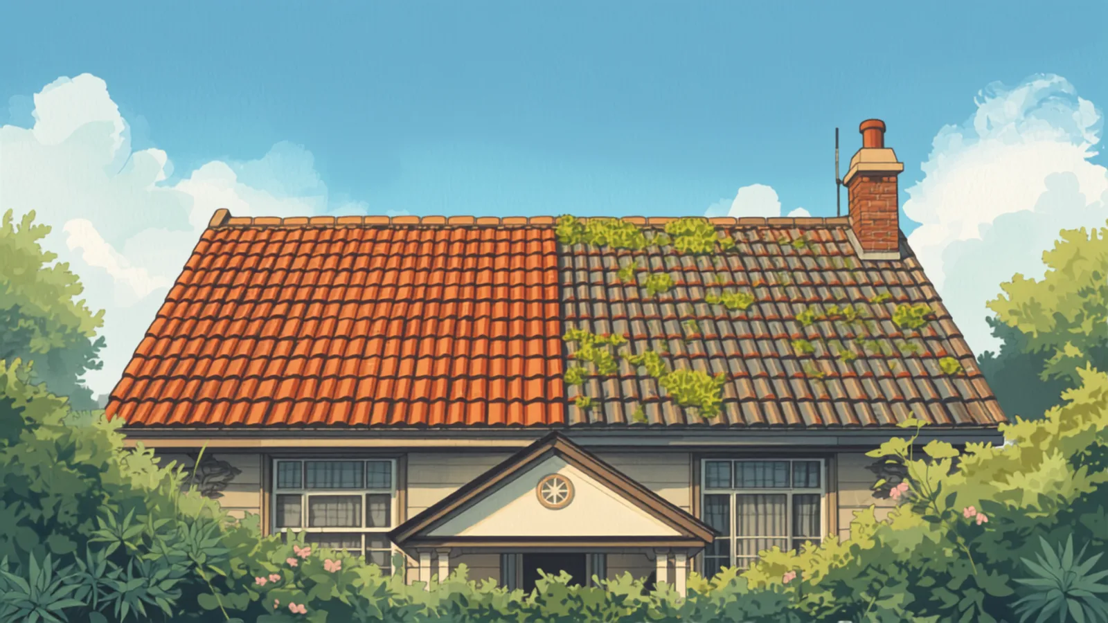A suburban Sydney tiled roof mid-restoration — the left half freshly pressure-cleaned with re-pointed ridge capping and a fresh coating, the right half still faded and weathered with moss in the valleys — under a clear blue sky