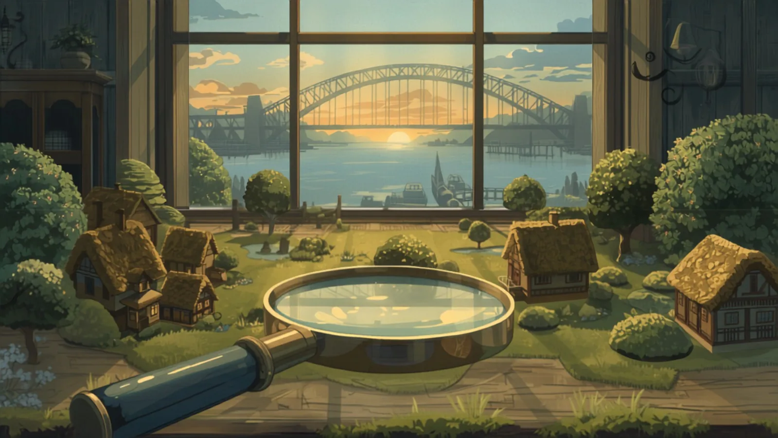 seo cost sydney - A brass magnifying glass resting over a miniature garden village on a mossy tabletop with a harbour bridge arch through the window at dusk A brass magnifying glass resting over a miniature garden village on a mossy tabletop with a harbour bridge arch through the window at dusk - seo cost sydney