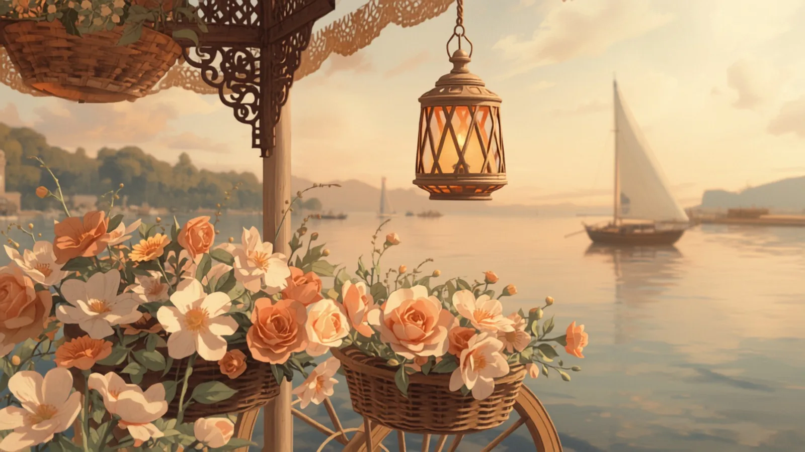 small business seo sydney - Flower baskets and a warm lantern hanging from a cart frame at dusk with a sailboat on golden harbour water behind Flower baskets and a warm lantern hanging from a cart frame at dusk with a sailboat on golden harbour water behind - small business seo sydney