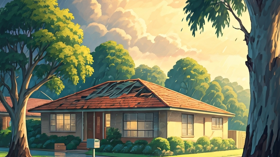 A Sydney suburban roof after a hailstorm with a half-replaced Colorbond section and hailstones on the lawn, painted in Studio Ghibli watercolor style with clouds clearing
