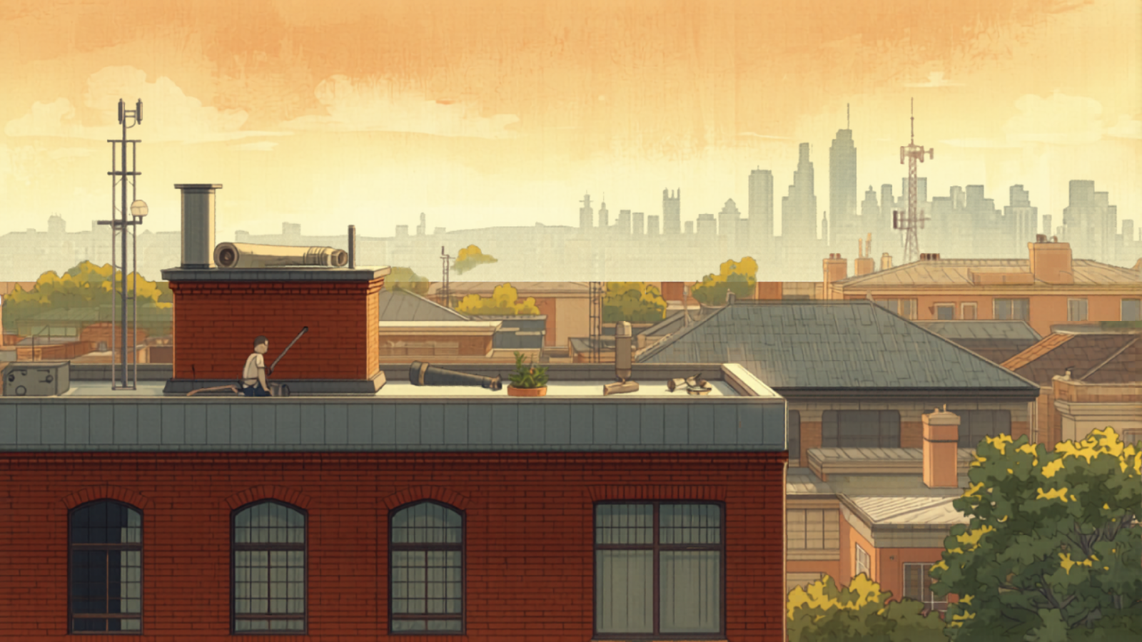 Strata apartment roofing Sydney - An elevated view of a flat apartment-block rooftop with fresh waterproof membrane, access hatch and AC units, harbour rooftops beyond, painted in Studio Ghibli watercolour style