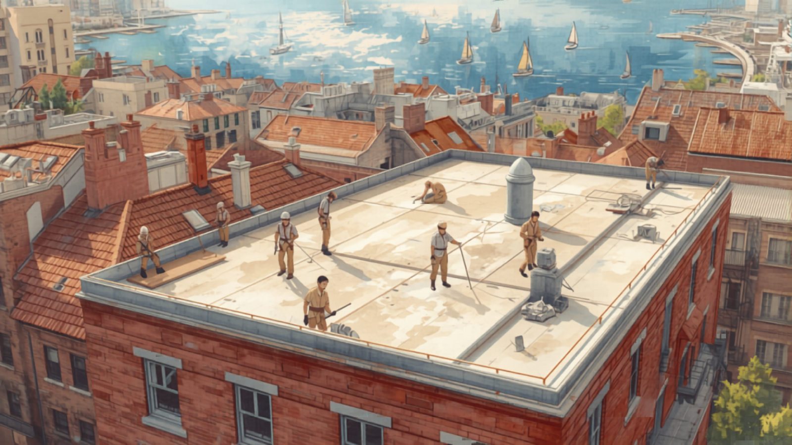 Strata apartment roofing Sydney - A Sydney red-brick apartment block having its flat roof re-membraned by a crew, painted in Studio Ghibli watercolour style with rooftops stretching toward the harbour