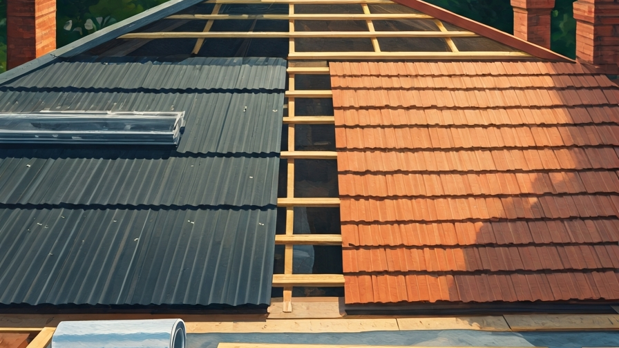 A Sydney roofer mid-install on a Federation terrace roof with both Colorbond steel and terracotta tile materials visible, tools laid out on the scaffold platform, painted in Studio Ghibli watercolour style