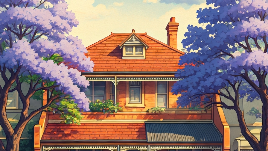 A Sydney terrace re-roof showing half terracotta tile and half Colorbond steel, painted in Studio Ghibli watercolor style with jacarandas in bloom