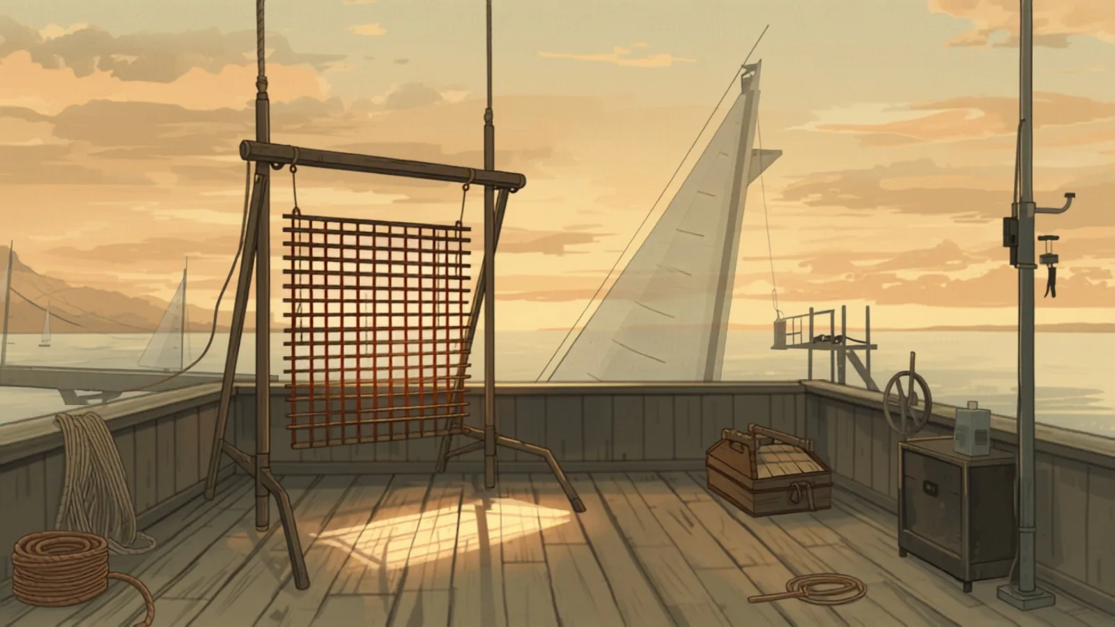 web app development sydney - A rope-and-pulley scaffold holding a glowing lattice panel on a harbour-side deck at dusk with a tall sail behind A rope-and-pulley scaffold holding a glowing lattice panel on a harbour-side deck at dusk with a tall sail behind - web app development sydney