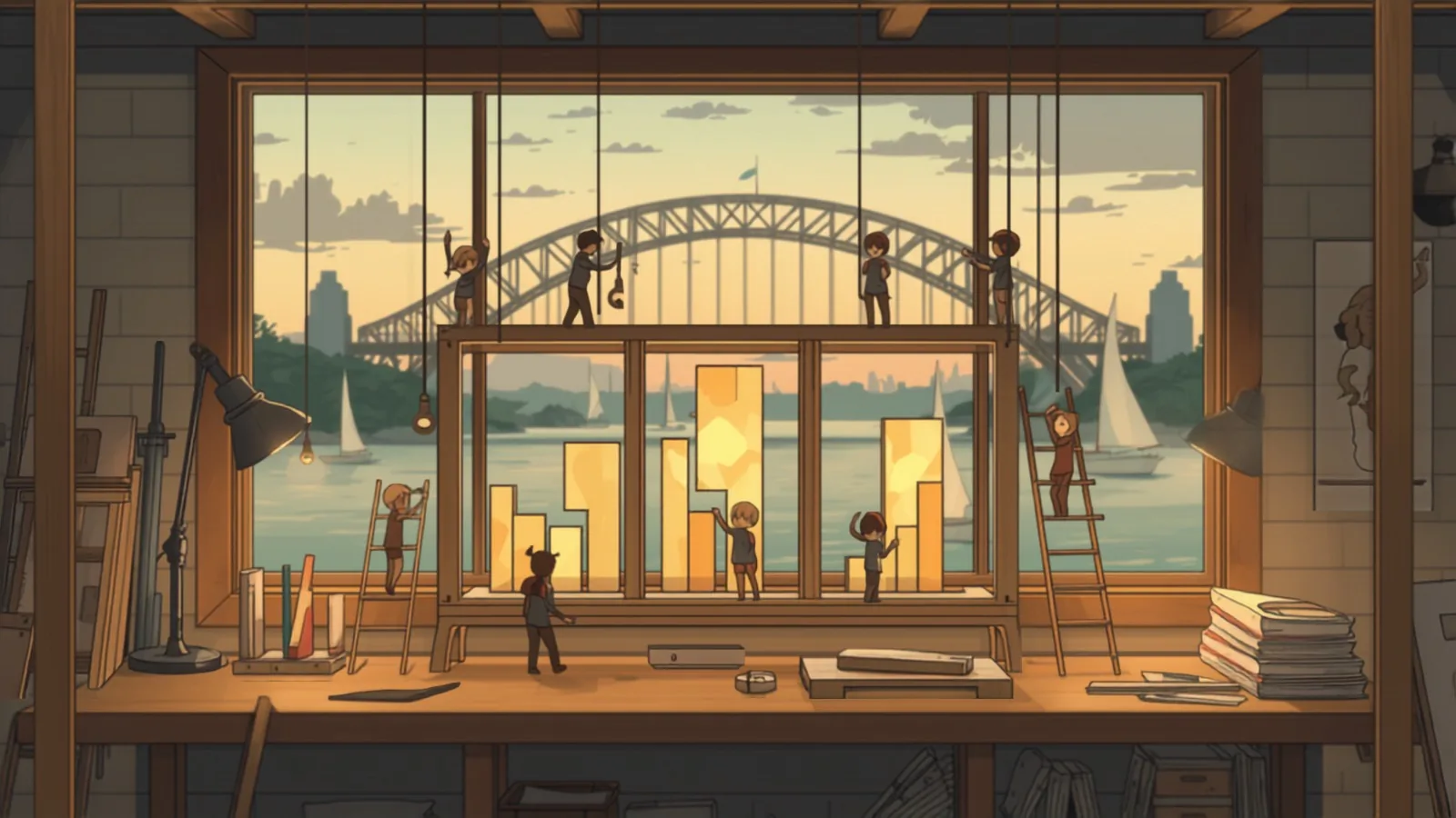 web development cost sydney - Tiny builders raising glowing chart panels on a workbench frame before a wide window with a harbour bridge arch and sails at dusk Tiny builders raising glowing chart panels on a workbench frame before a wide window with a harbour bridge arch and sails at dusk - web development cost sydney