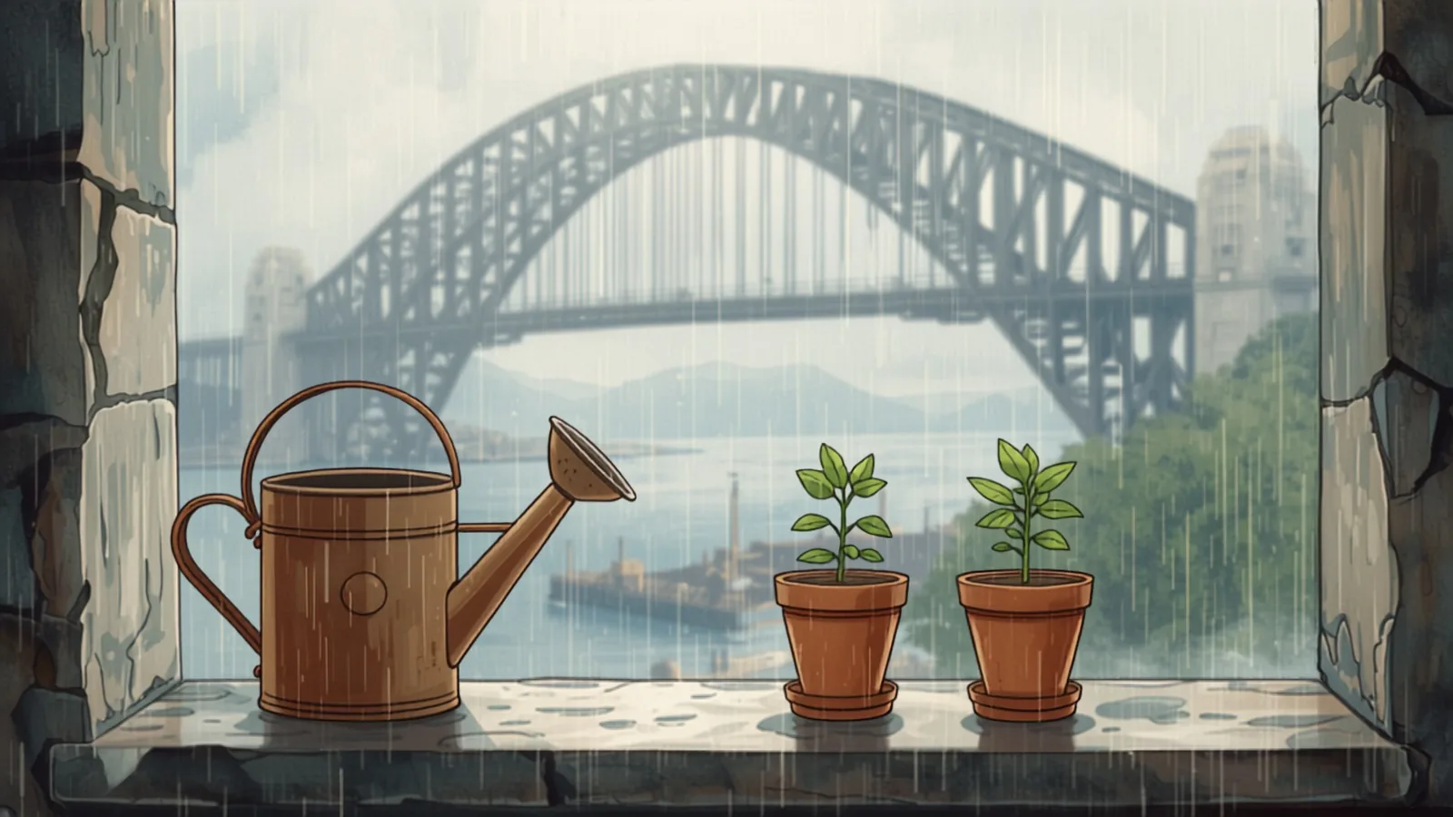 website maintenance sydney - A copper watering can and two potted seedlings on a rainy stone windowsill with a harbour bridge arch blurred beyond A copper watering can and two potted seedlings on a rainy stone windowsill with a harbour bridge arch blurred beyond - website maintenance sydney
