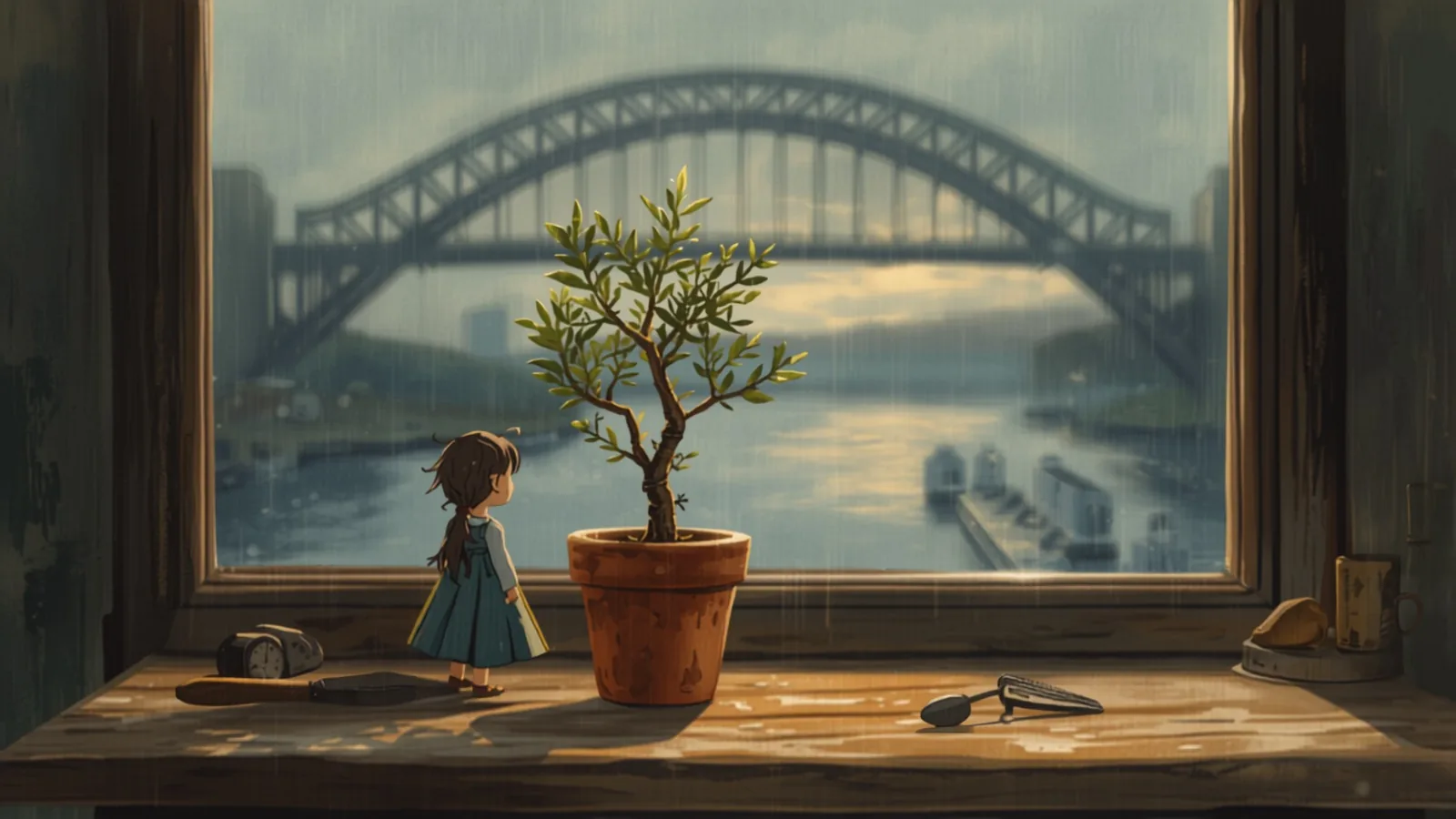 web development cost sydney - A small girl beside a potted sapling on a rainy windowsill with a harbour bridge arch through the window A small girl beside a potted sapling on a rainy windowsill with a harbour bridge arch through the window - web development cost sydney