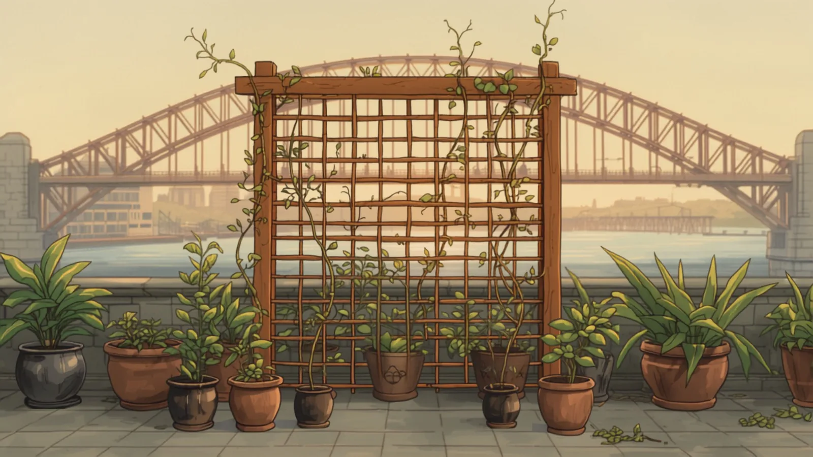 website redesign sydney - A finished timber lattice trellis on a rooftop garden with young vines climbing and a harbour bridge arch glowing behind A finished timber lattice trellis on a rooftop garden with young vines climbing and a harbour bridge arch glowing behind - website redesign sydney