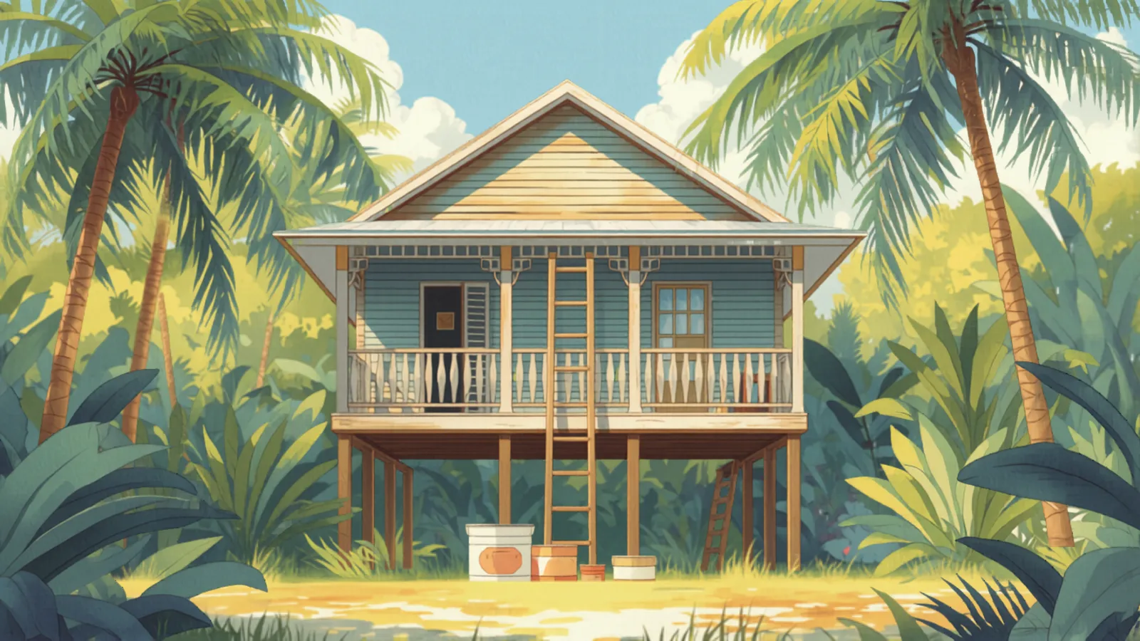 painter cost townsville - ladder and paint tins beside a tropical Queenslander with palms ladder and paint tins beside a tropical Queenslander with palms - painter cost townsville