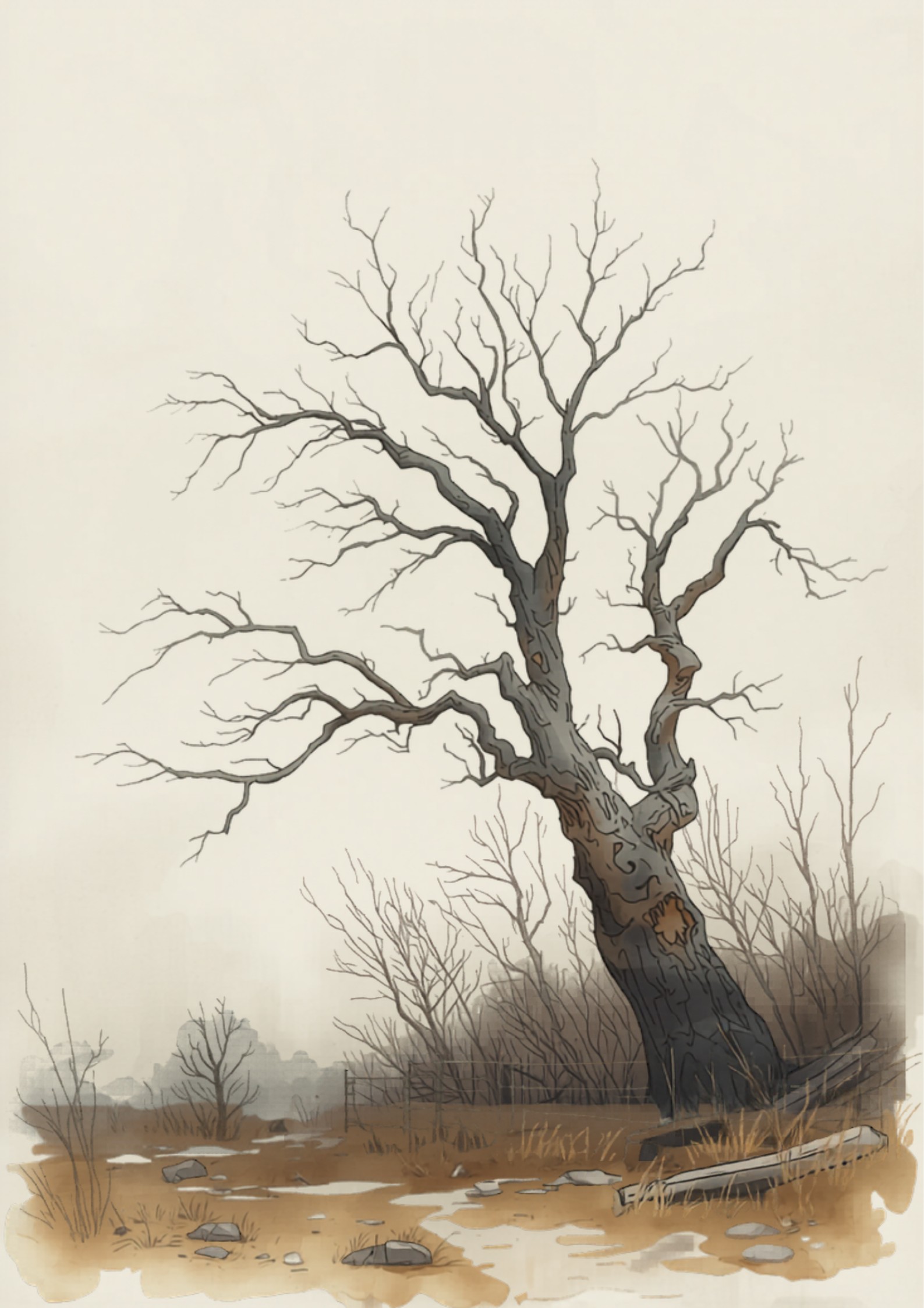 A bare dead tree leaning in a Sydney backyard under an overcast sky