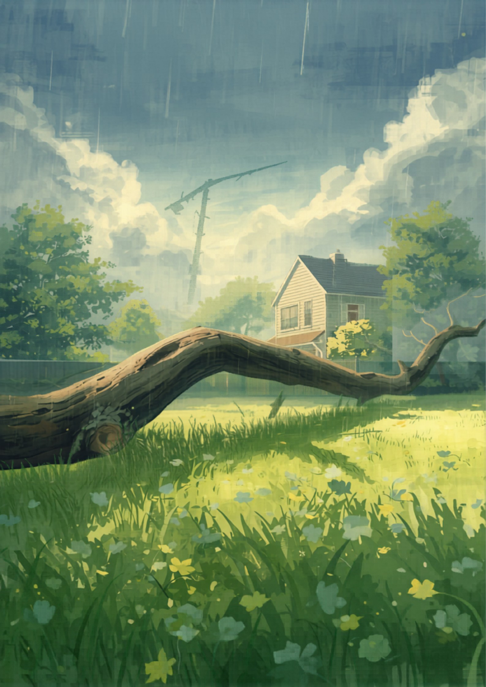 A large storm-fallen tree branch across a Sydney lawn after rain
