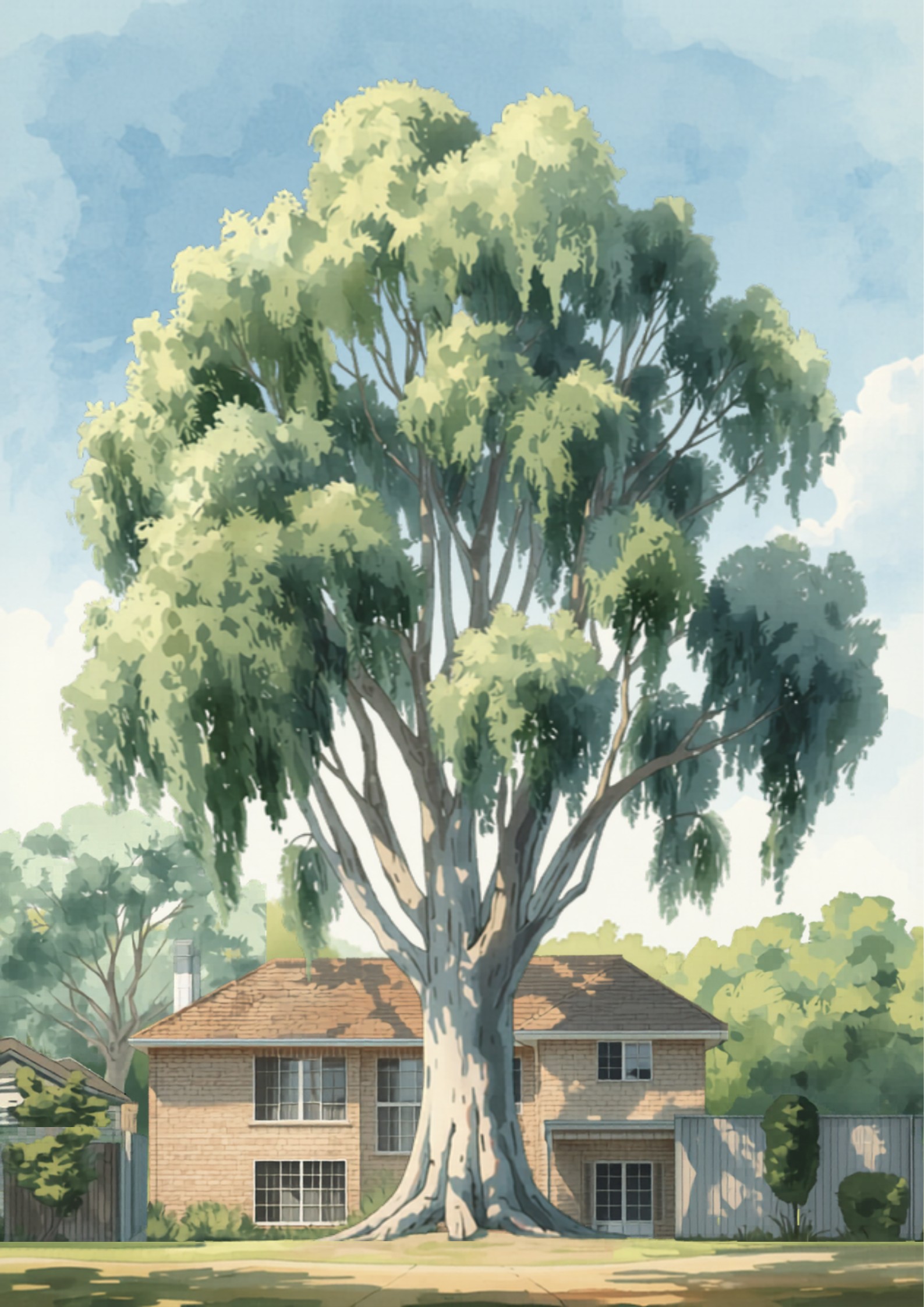 A large mature eucalyptus gum tree in a Sydney suburban backyard