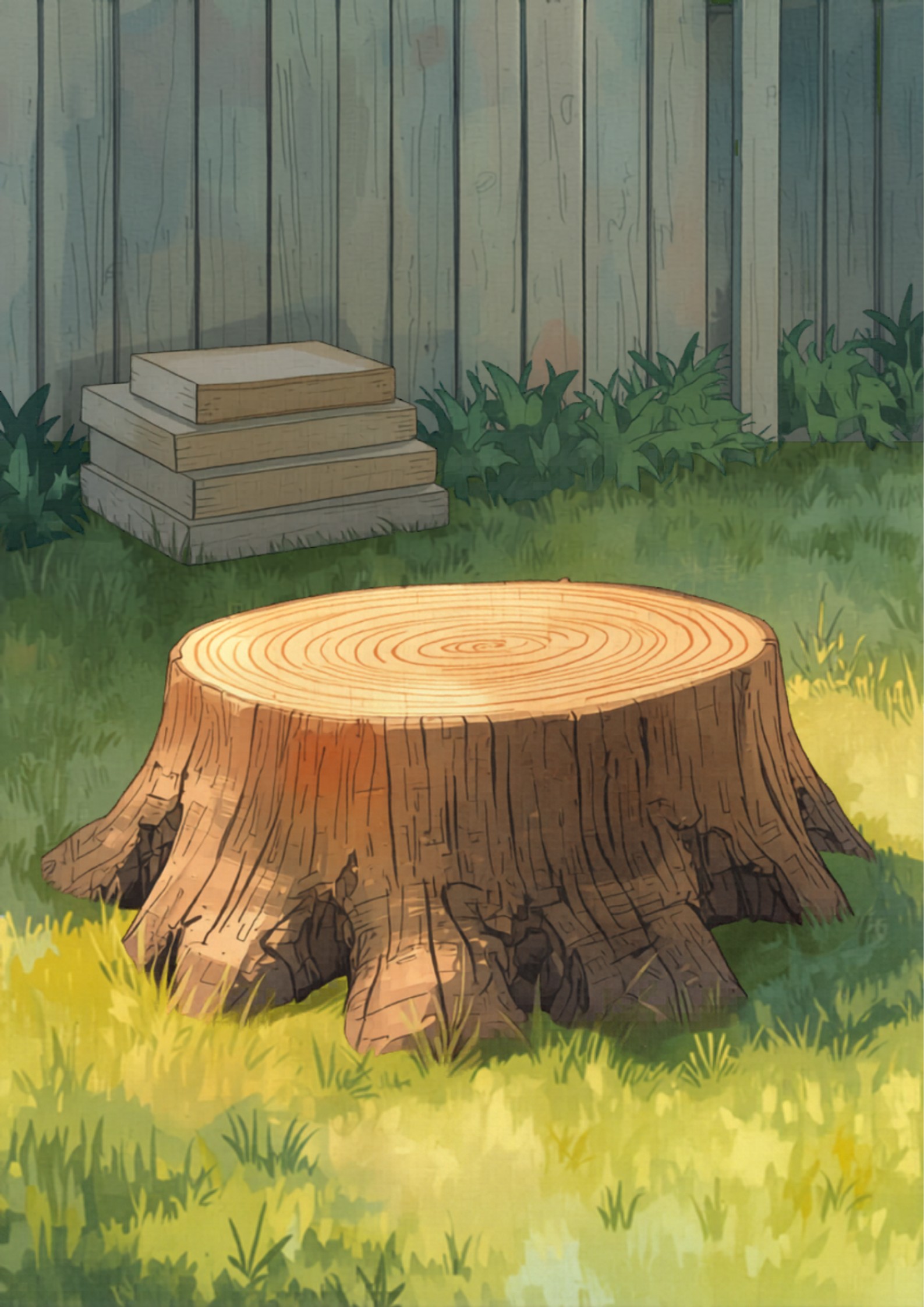 A freshly cut gum tree stump with sectioned hardwood logs stacked in a backyard