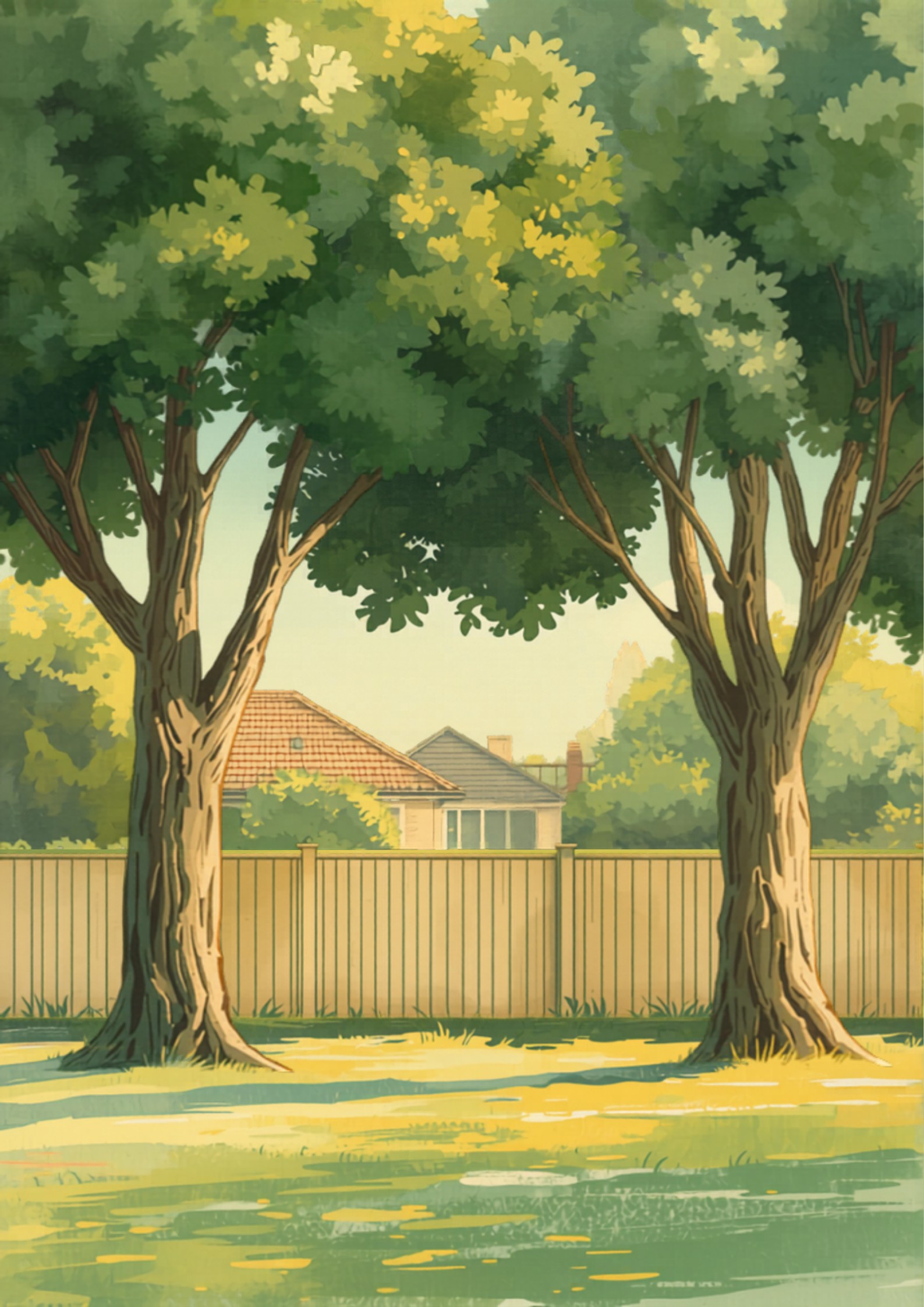 A Sydney suburban backyard with established trees in golden afternoon light