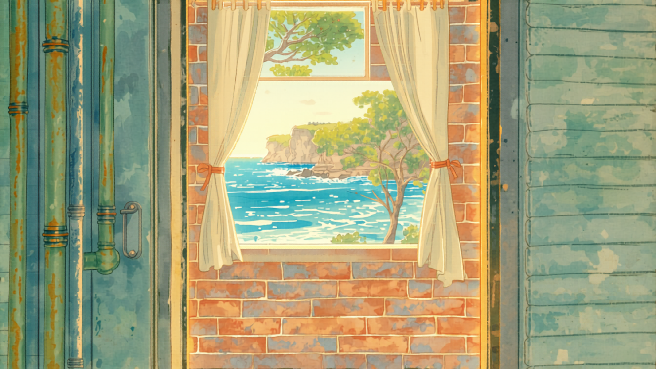 Wollongong plumber cost — corroded green-patina copper pipes in a coastal Thirroul home with ocean view through the window