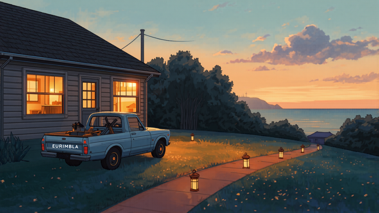Plumbing job completed, dusk over the Wollongong coast Wollongong plumber cost — warm-lit coastal cottage exterior at twilight after plumbing work completed, with plumber van pulling away