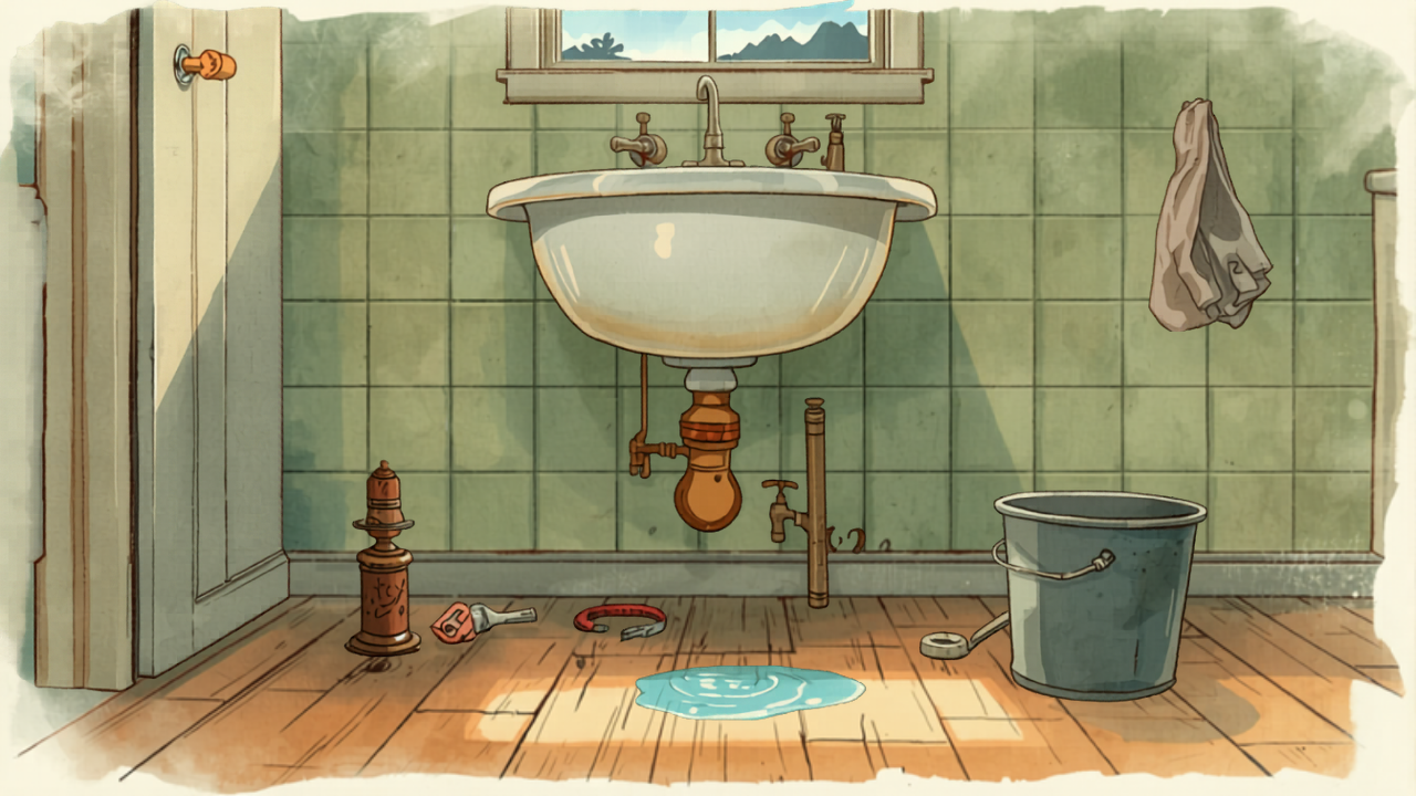 Wollongong plumber cost — burst copper pipe under sink in a coastal Illawarra home, water pooling on timber floor at golden hour Wollongong plumber cost — burst copper pipe under sink in a coastal Illawarra home, water pooling on timber floor at golden hour