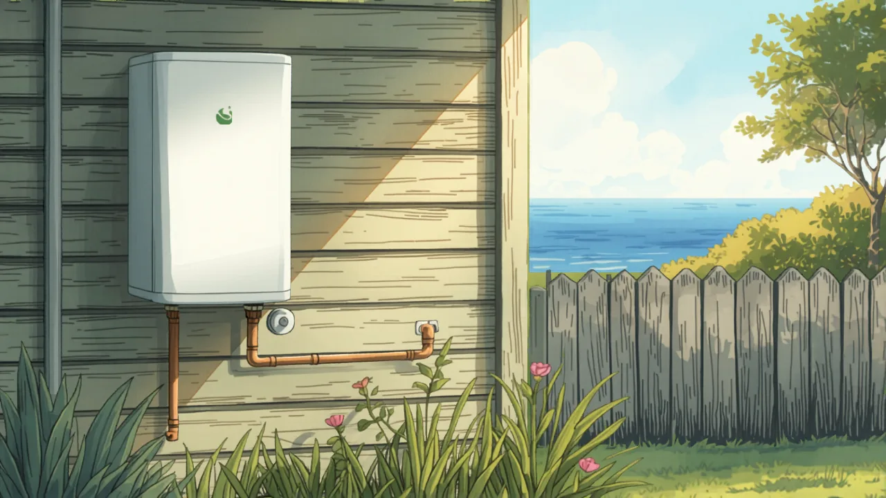 plumber cost wollongong - modern heat pump hot water unit mounted on weatherboard wall of a coastal Wollongong home modern heat pump hot water unit mounted on weatherboard wall of a coastal Wollongong home - plumber cost wollongong