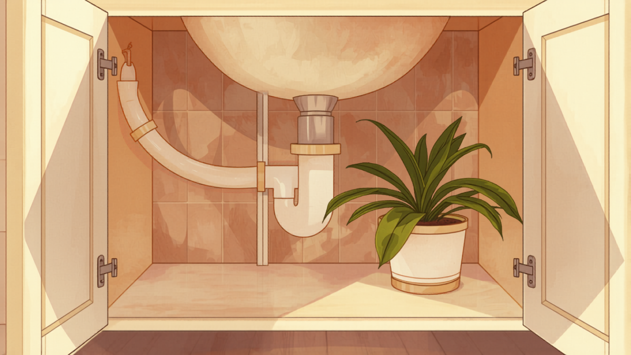 Wollongong plumber cost — newly installed cream PEX flexible pipes and brass fittings under a coastal home vanity