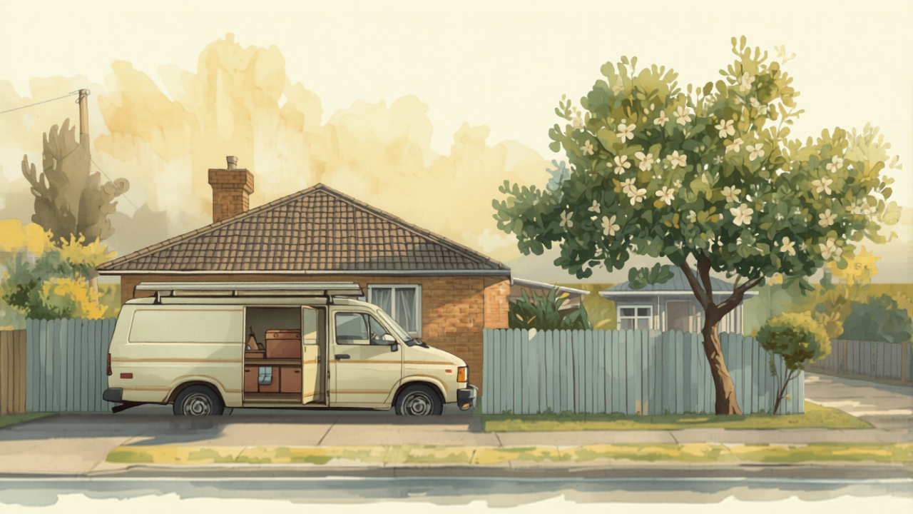 Scheduled plumber visit, Wollongong suburb Wollongong plumber cost — calm scheduled service visit, plumber van outside a 1970s suburban cottage with the escarpment in the distance