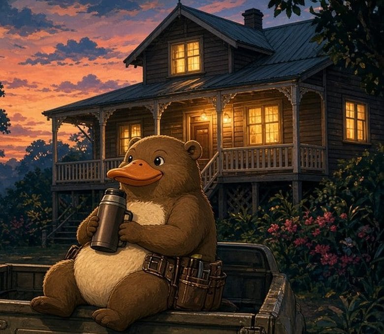 Sam the platypus on a ute outside a lit-up Queenslander at dusk
